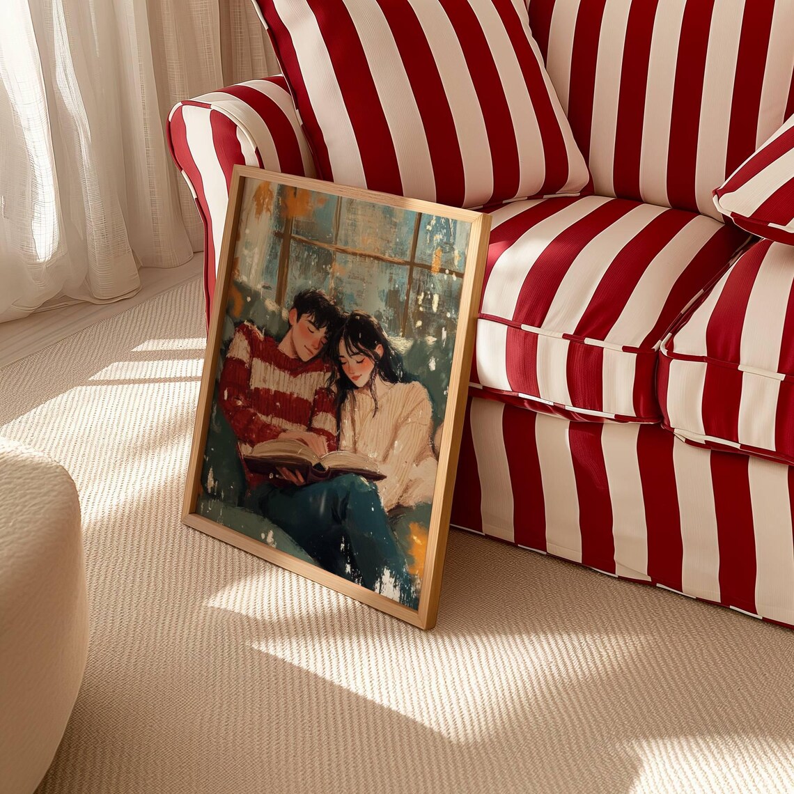 Cozy Couple Reading a Book Together by Window Warm Room Art Poster - Image 2