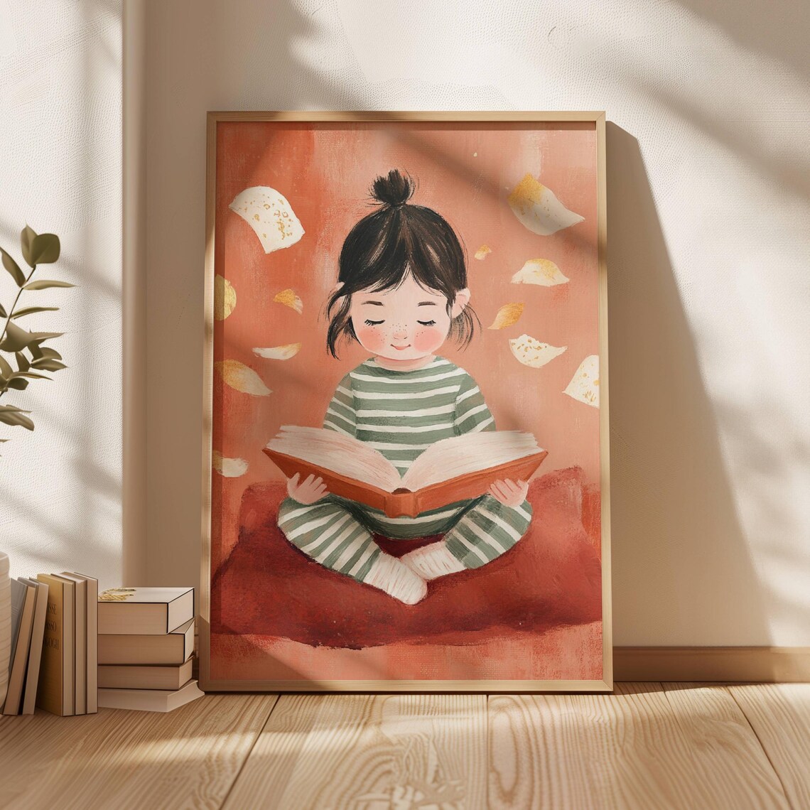 Little Girl Reading Book in Striped Pajamas Kids Room Art Poster