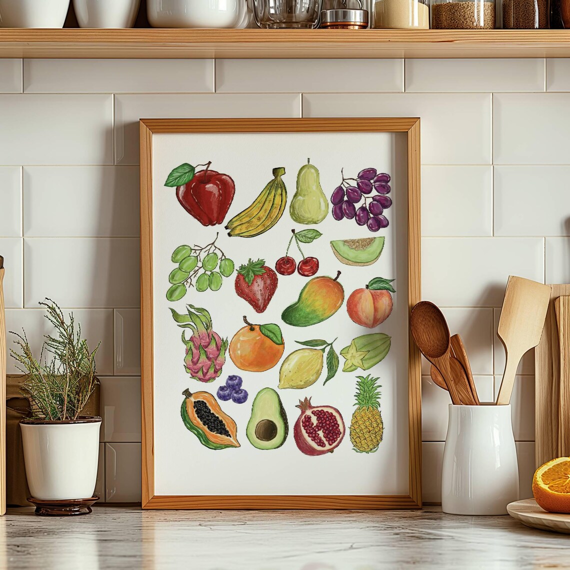 Fruit Art Watercolor Kitchen Wall Art Gift To Mom Food Illustration Gift For A Friend Fruit Artwork Midcentury Kitchen Art Dining Room Decor - Image 3