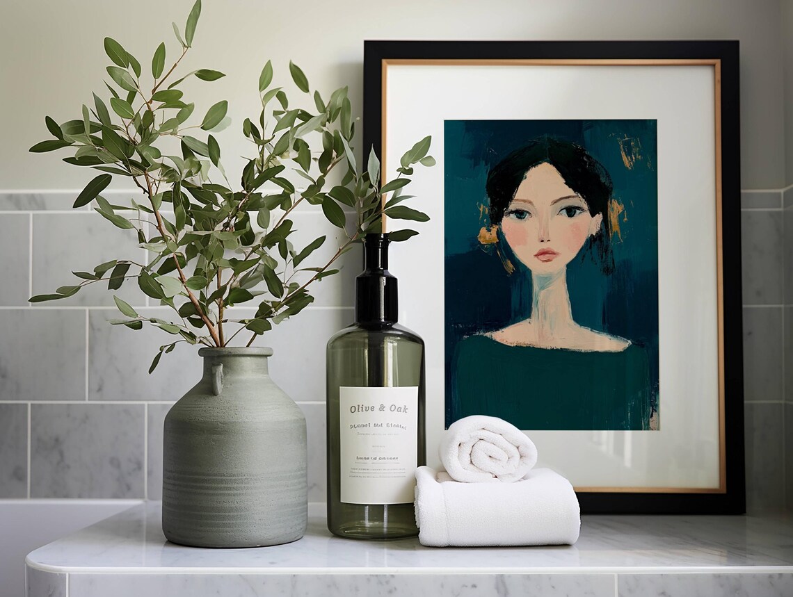 Woman Portrait with Expressive Eyes on Dark Green Art Poster - Image 4
