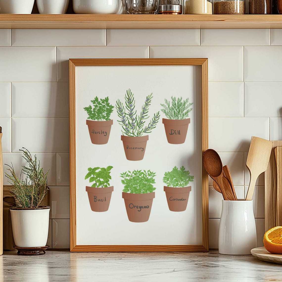 Potted Kitchen Herbs Parsley Rosemary Basil Illustration Poster