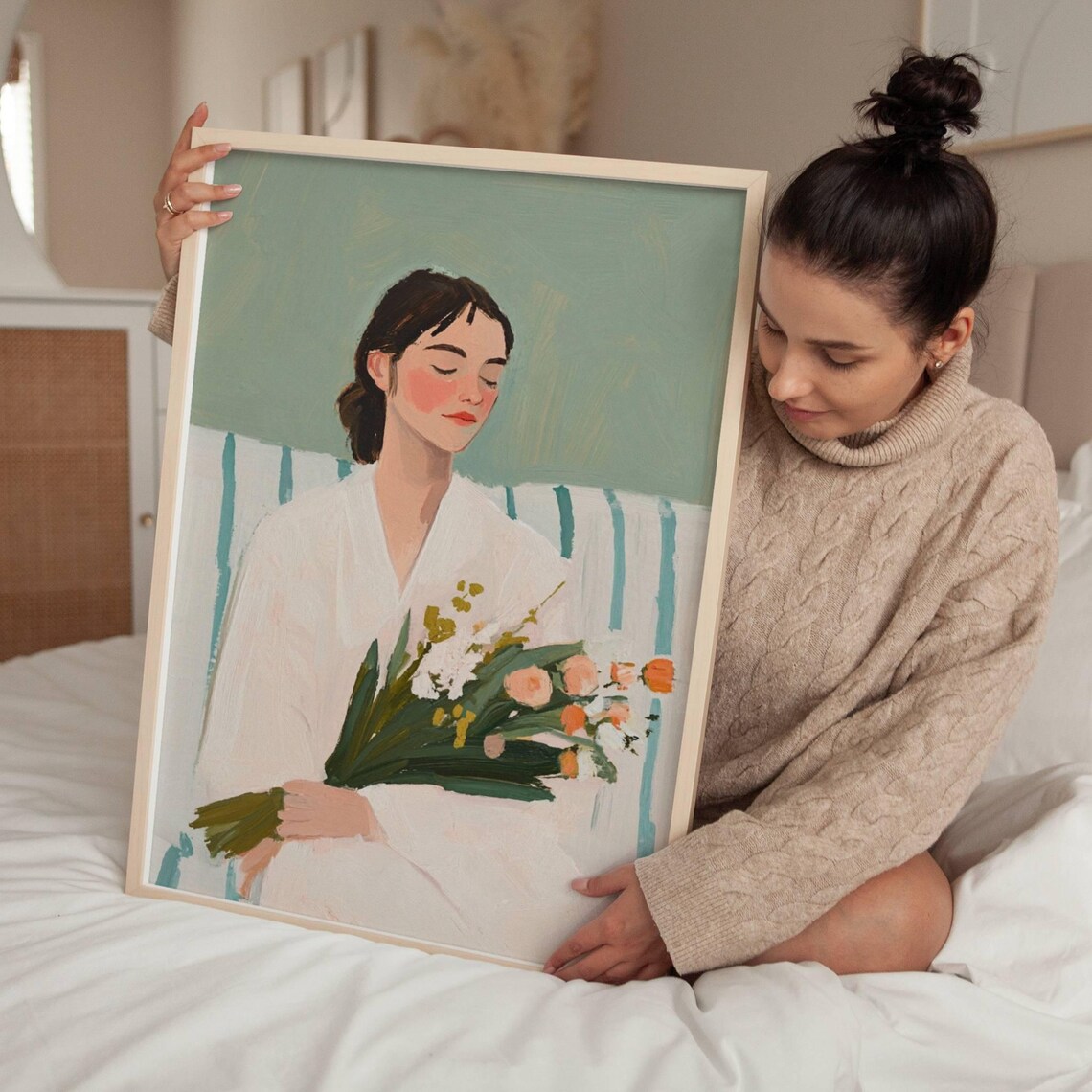 Woman in White Holding Flower Bouquet Soft Green Minimalist Art Poster - Image 2