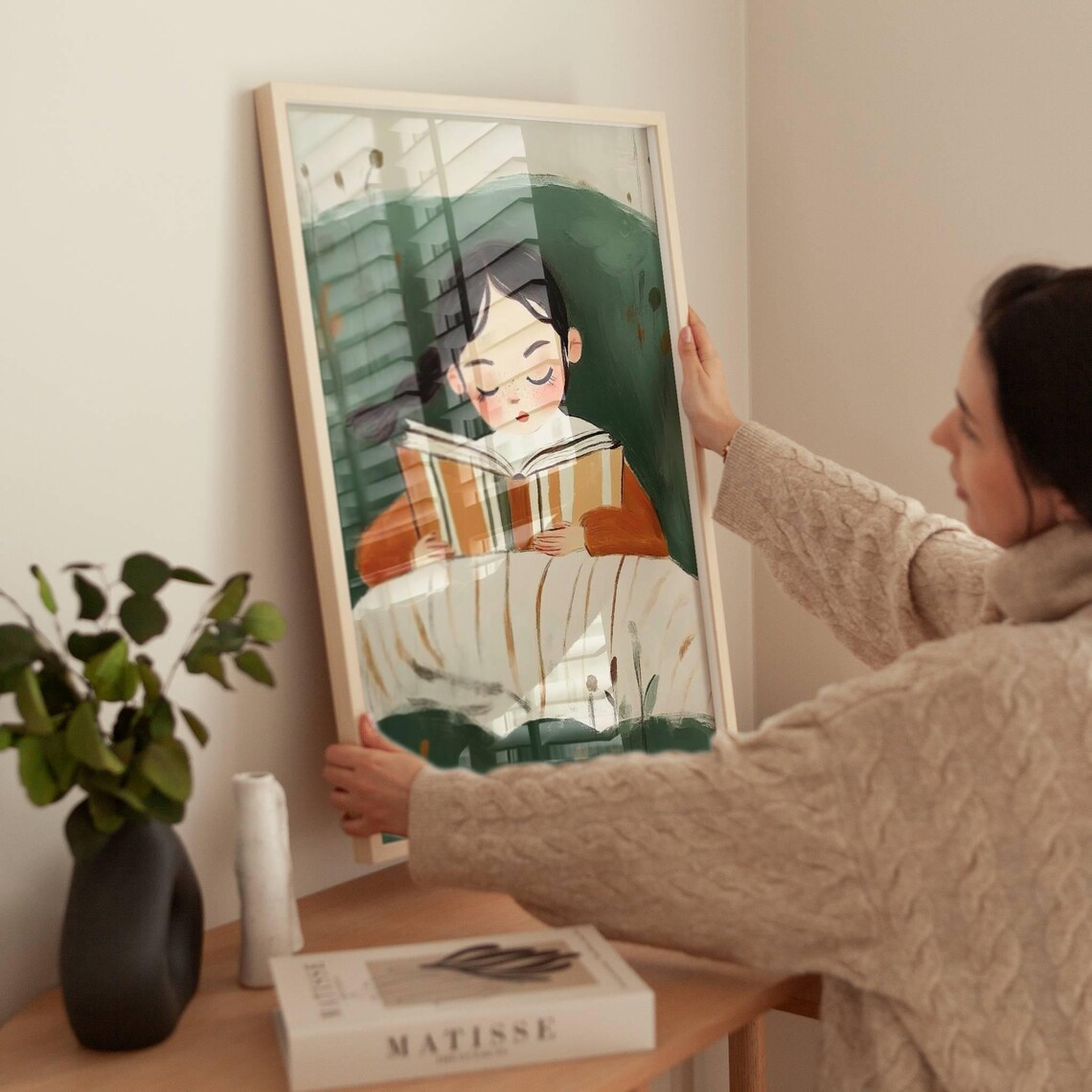 Girl Reading Book In Bed Cozy Green Watercolor Bookish Nursery Poster - Image 3