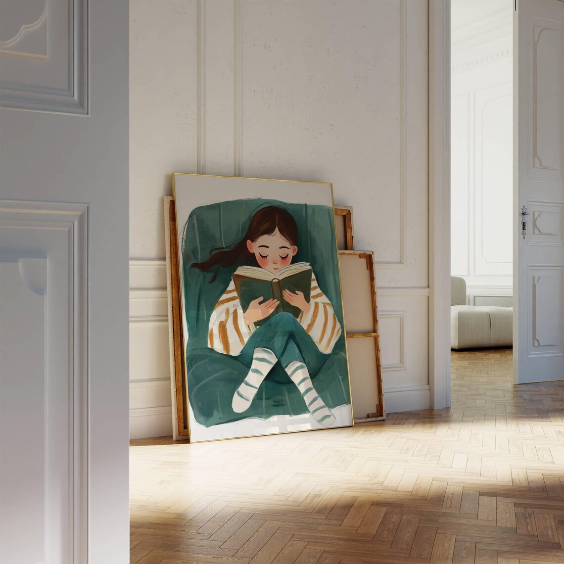 Girl Reading In Teal Armchair Cozy Striped Socks Bookish Art Poster - Image 2
