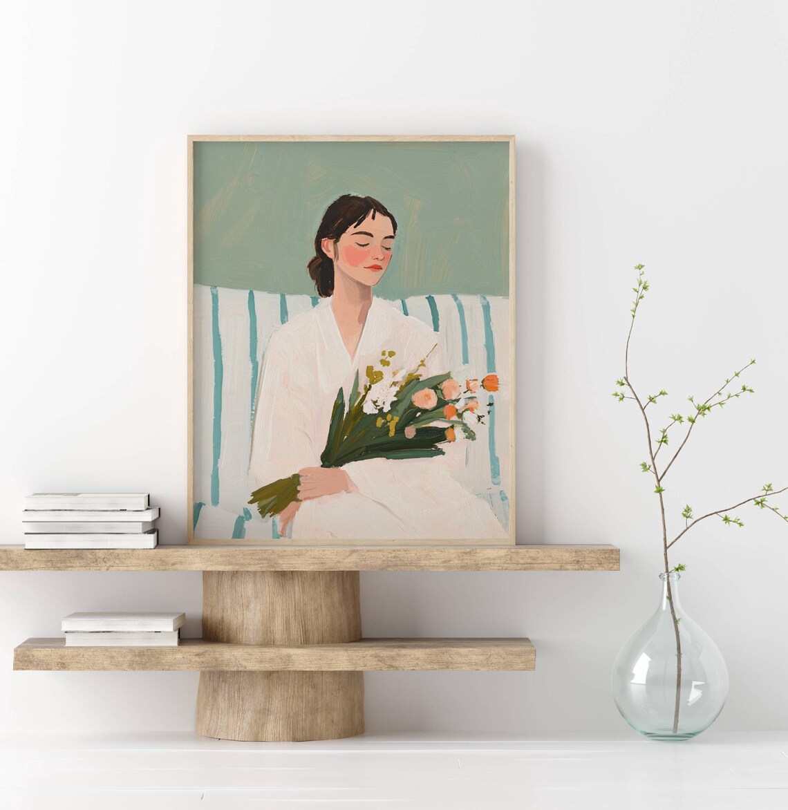 Woman in White Holding Flower Bouquet Soft Green Minimalist Art Poster - Image 3