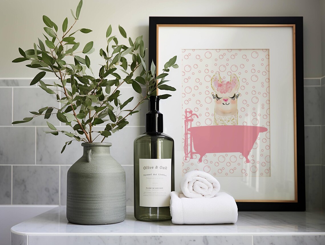 Pink Llama In Bathtub With Bubbles Glitter Watercolor Bathroom Poster - Image 4