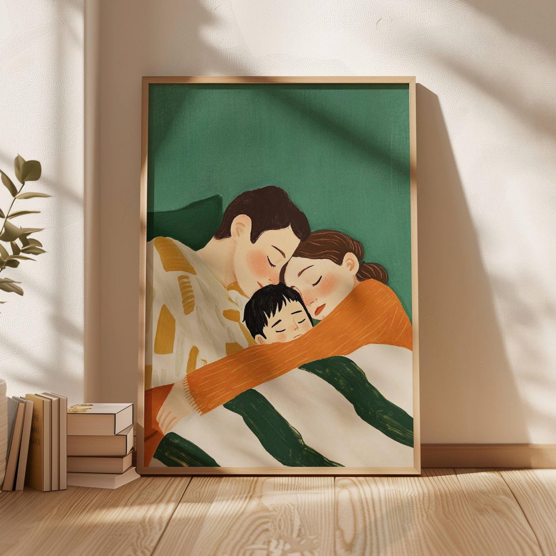 Cozy Family Hug Under Blanket Green Orange Illustration Poster