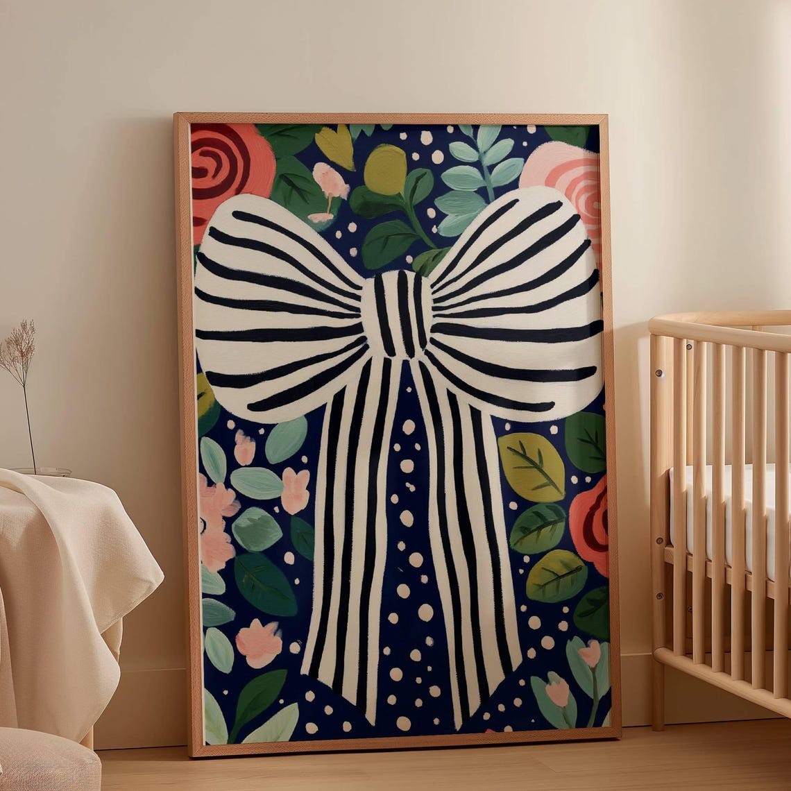 Black and White Striped Bow on Navy Floral Coquette Room Decor Poster - Image 3