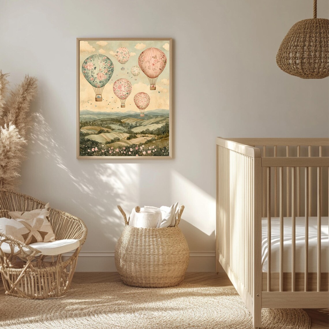 Vintage Floral Hot Air Balloons Over Rolling Hills Nursery Art Poster - Image 3