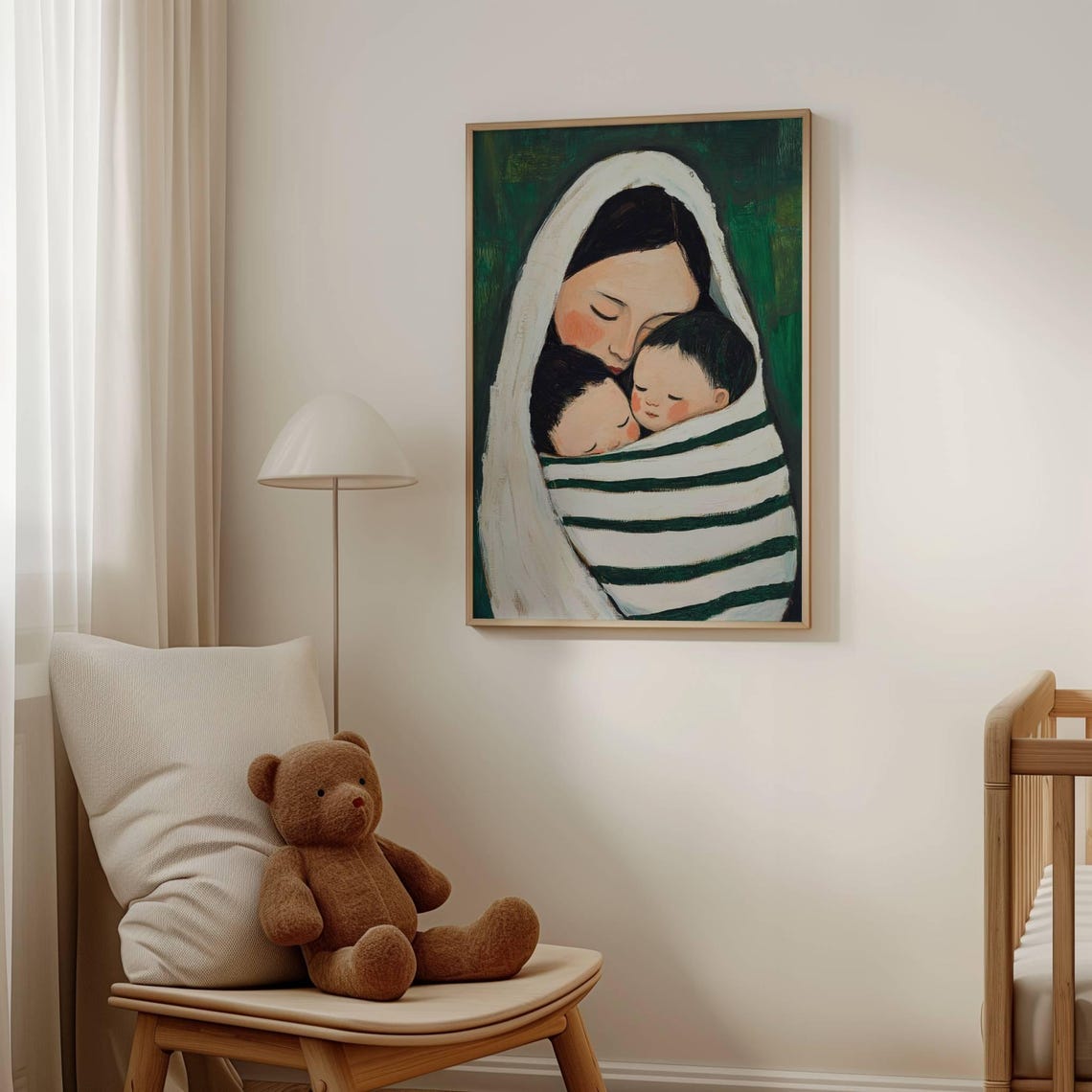 Mother Embracing Sleeping Twins Cozy Modern Nursery Decor Poster - Image 3