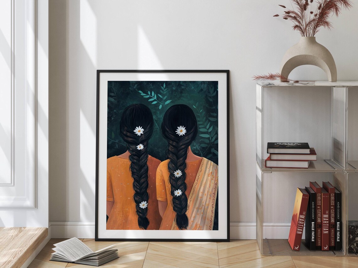 Indian Sisters Braided Hair Daisy Flowers Traditional Art Poster - Image 3
