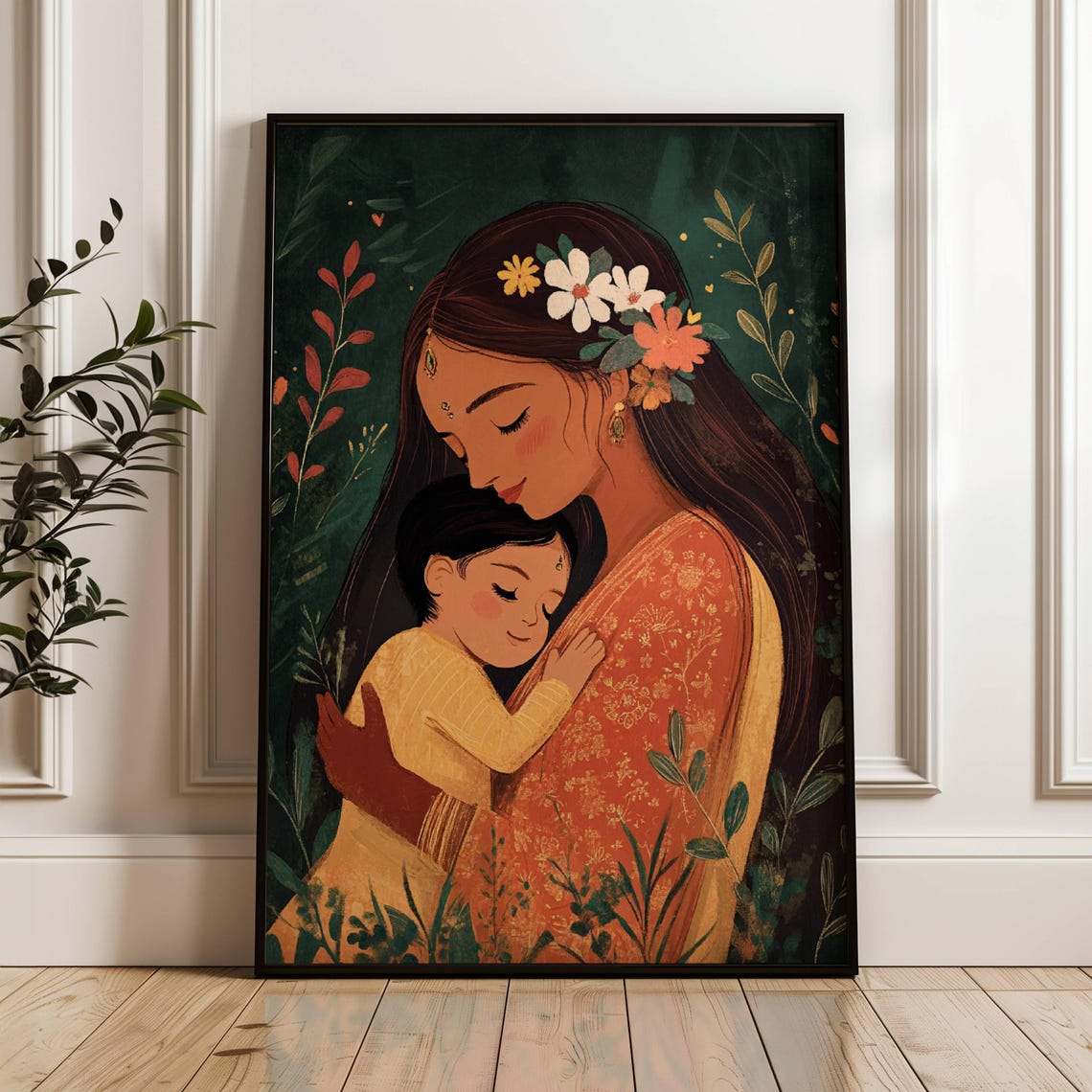 Indian Mother Holding Child Orange Sari Floral Watercolor Poster