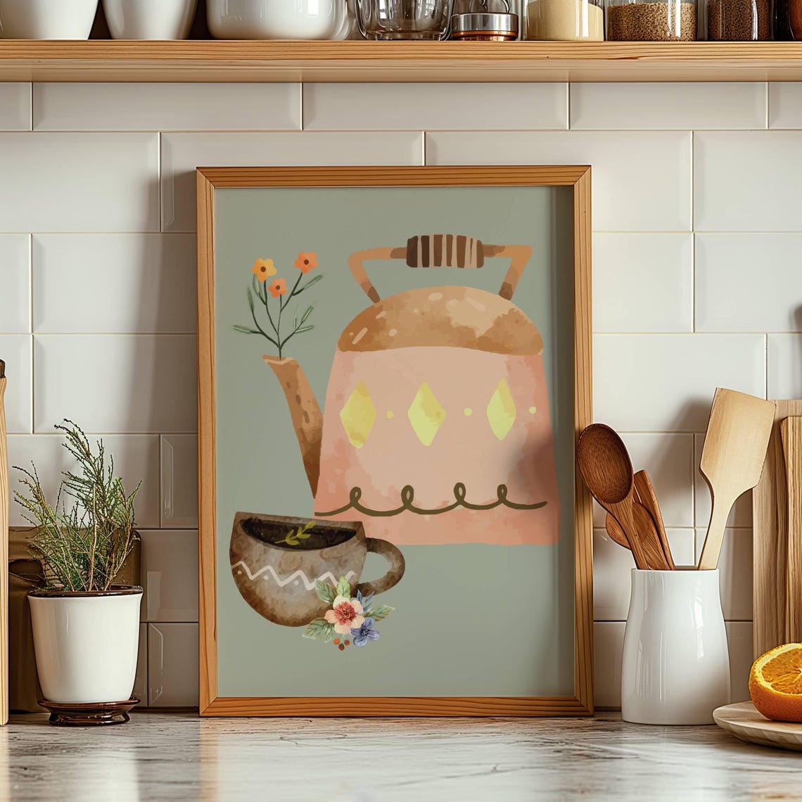 Cozy Kettle And Tea Cup Watercolor Kitchen Wall Decor Poster - Image 3