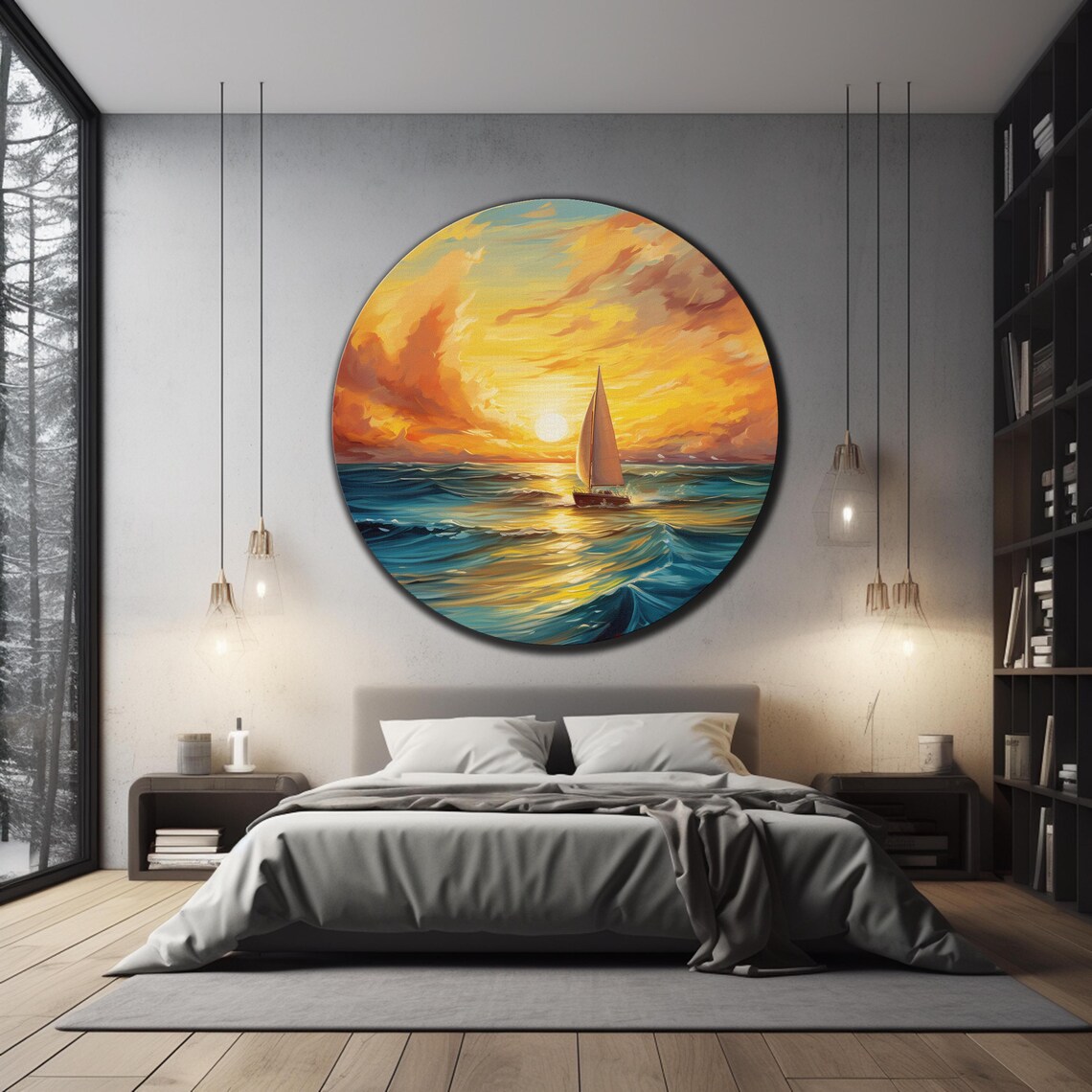 Sailboat Sunset Golden Sky Blue Ocean Waves Round Glass Wall Art - Image 3