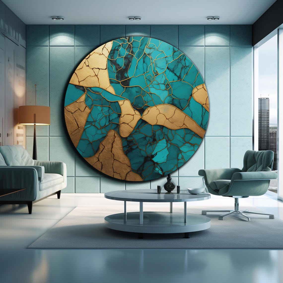 Turquoise Gold Kintsugi Crackle Abstract Geode Round Glass Wall Art - Image 2