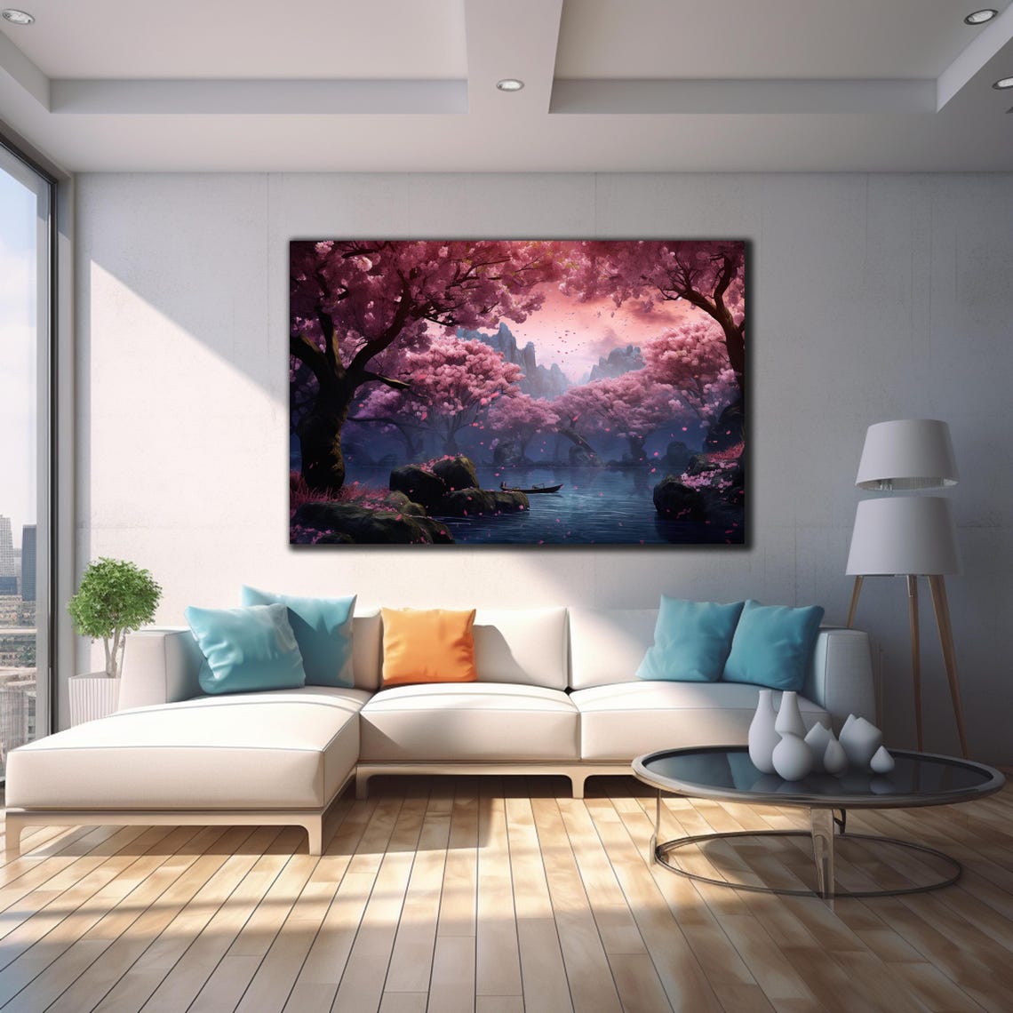 Cherry Blossom Lake Boat Misty Mountains Pink Twilight Wall Poster - Image 3