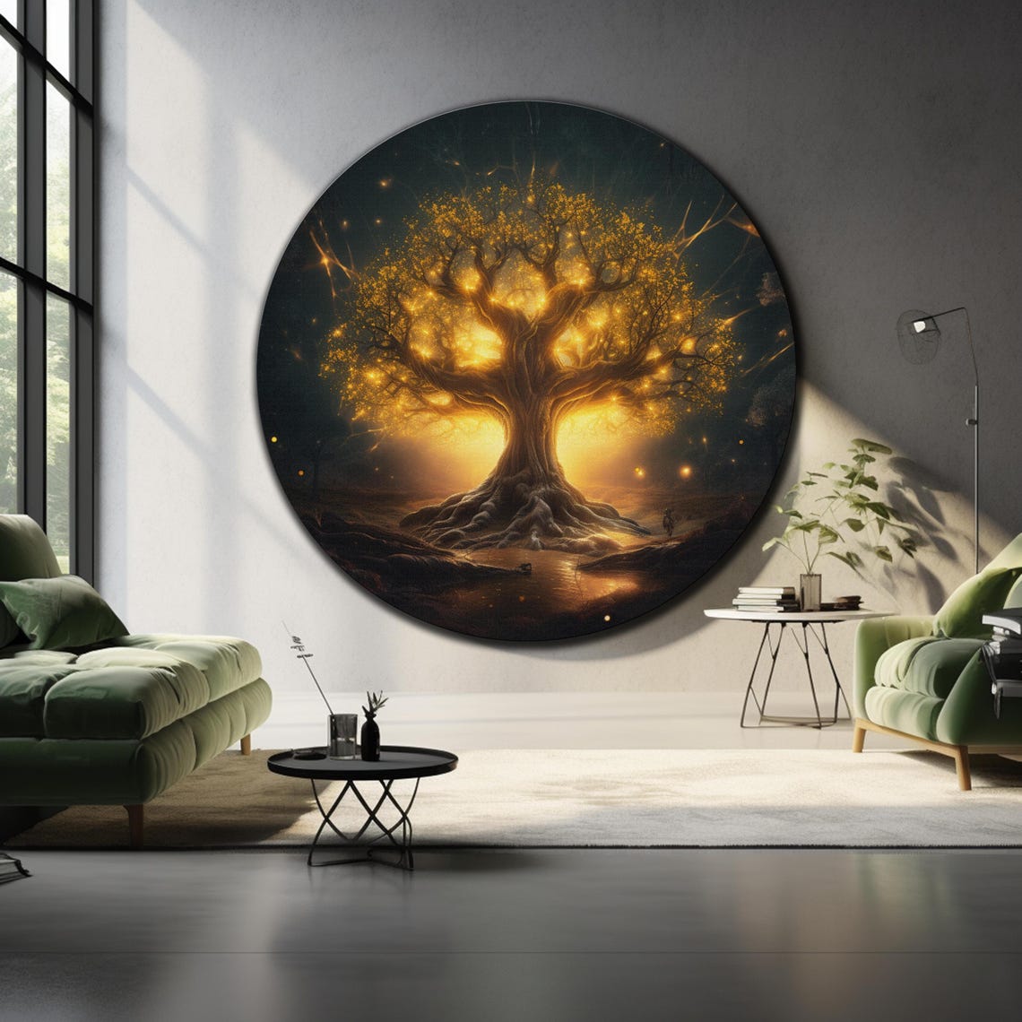 Golden Tree Of Life Glowing Night Forest Magical Round Wall Art - Image 4