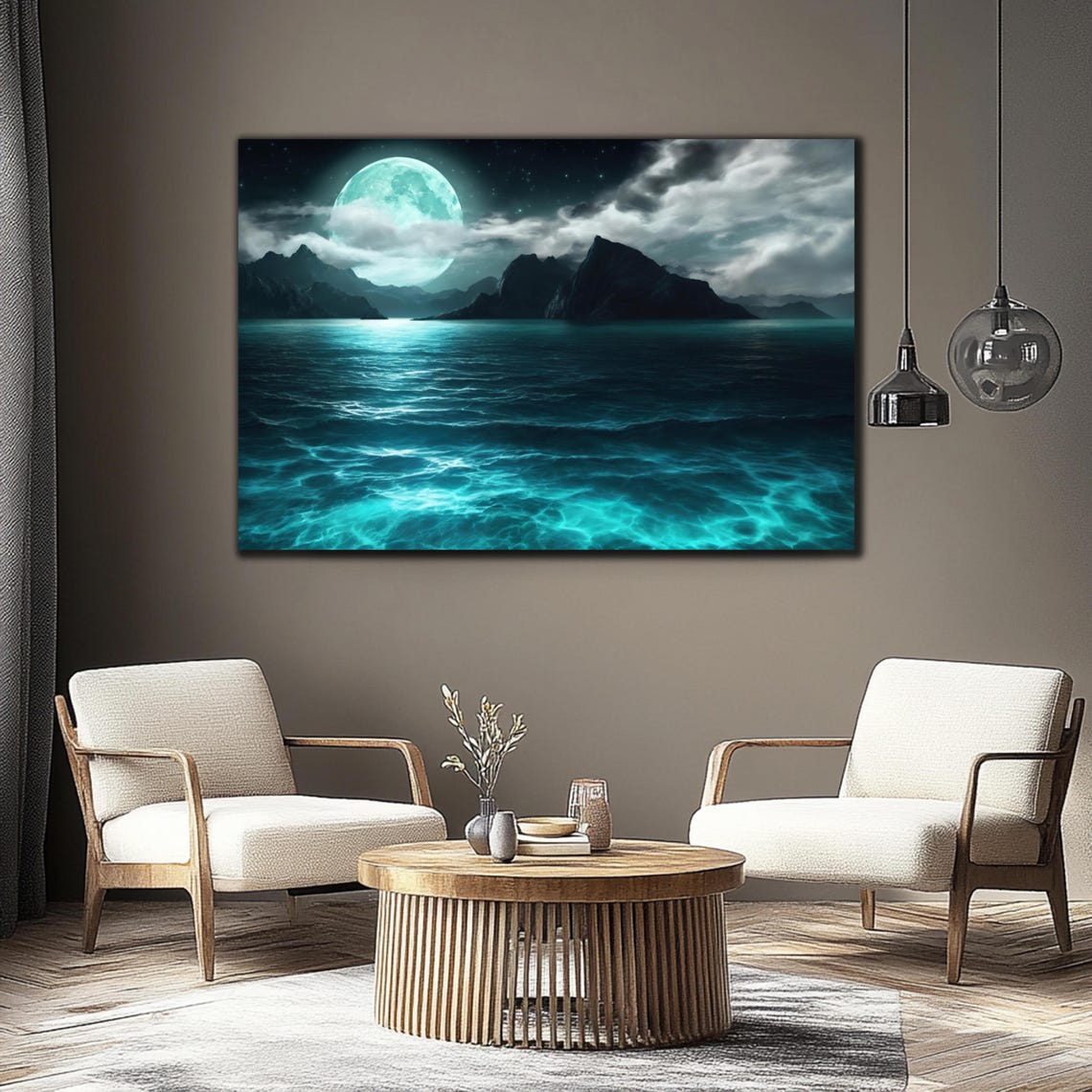 Full Moon Ocean Night Waves Mountain Silhouette Glass Wall Art Poster - Image 4