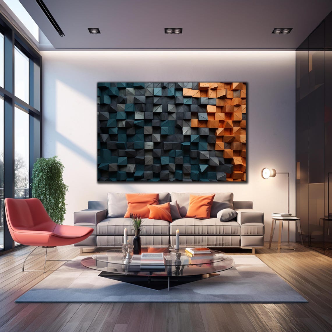 Dark Teal Graphite Orange Faceted 3D Cube Blocks Modern Wall Art - Image 3