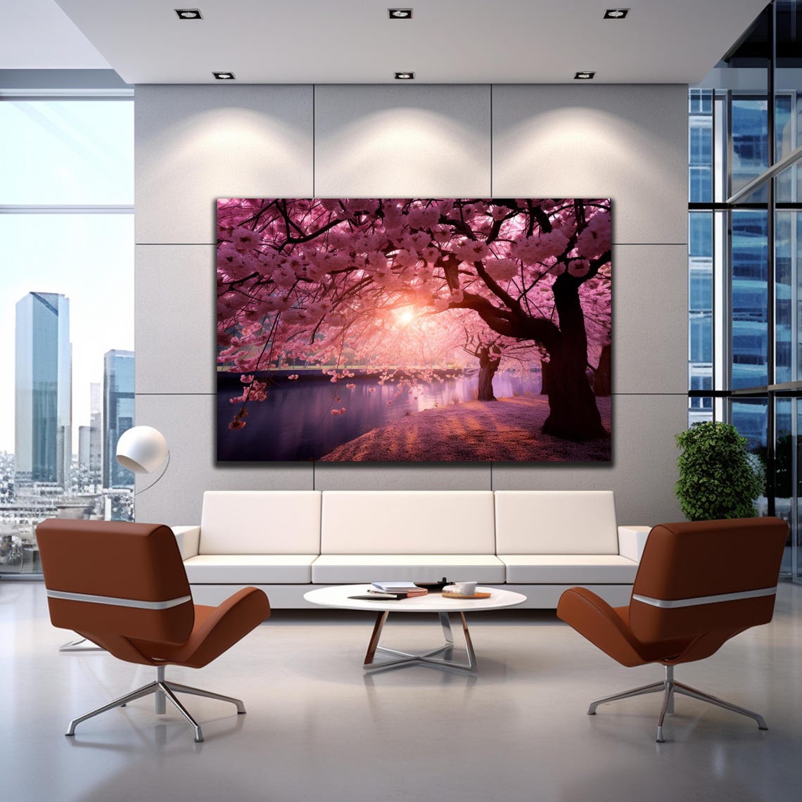 Cherry Blossom River Sunset Pink Petals Dreamy Landscape Wall Poster - Image 3