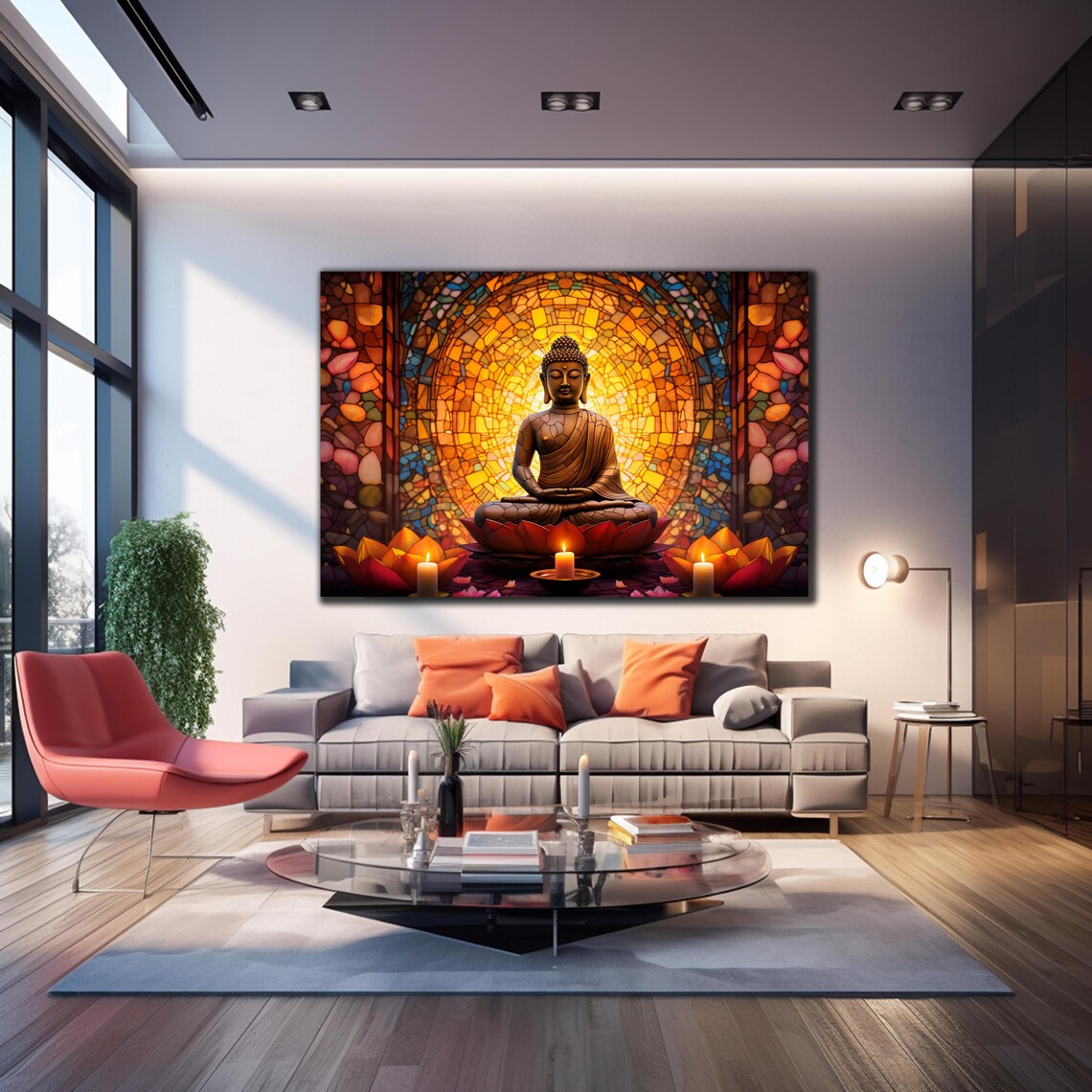 Buddha Meditating Golden Stained Glass Halo Lotus Temple Wall Art - Image 4