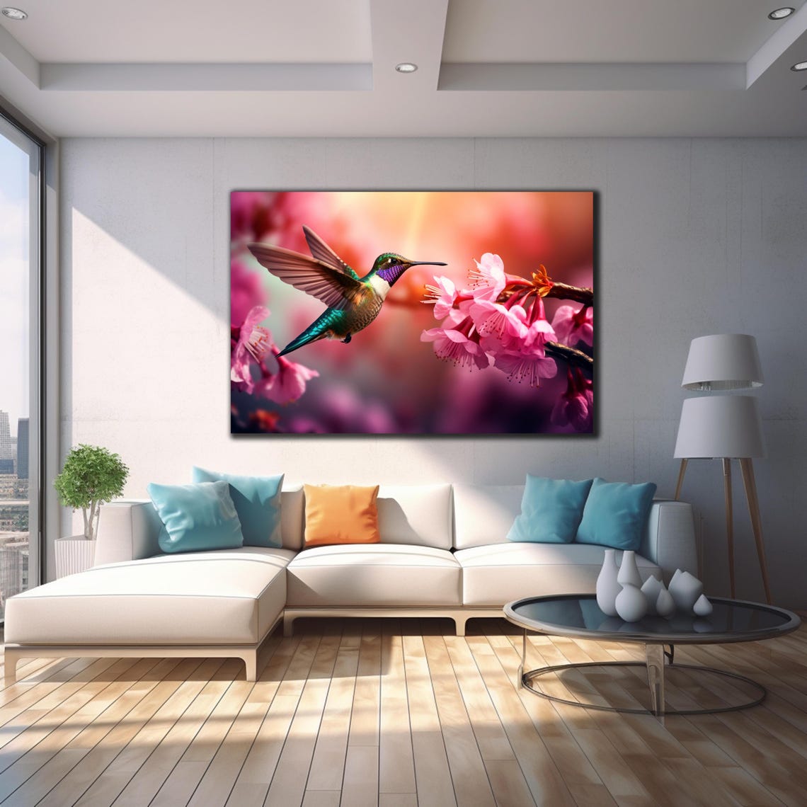 Hummingbird Feeding Pink Cherry Blossoms Spring Garden Bird Poster - Image 4