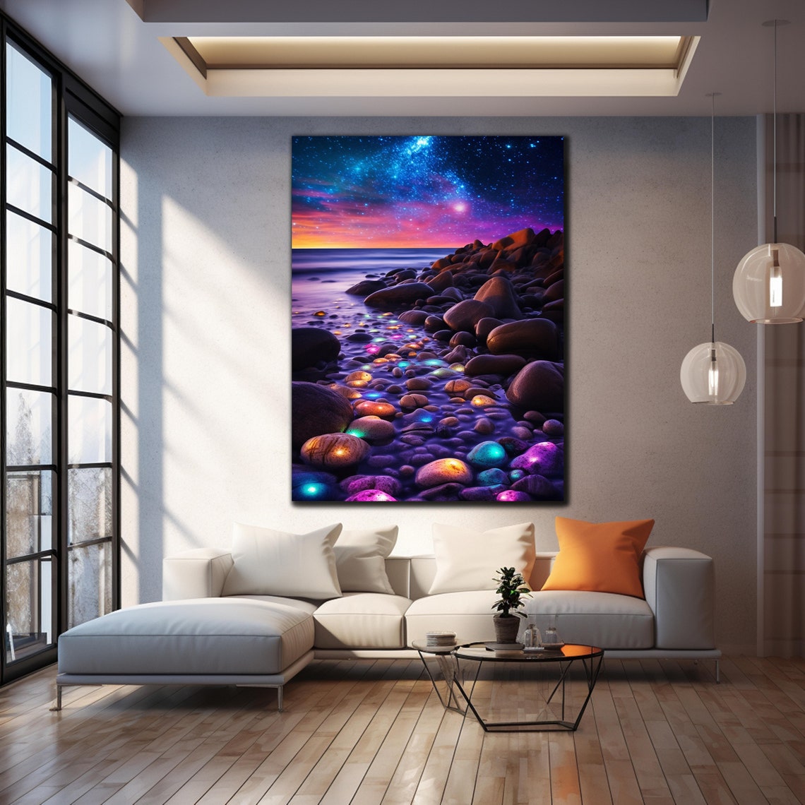 Milky Way Beach Glowing Neon Stones Starlit Night Ocean Art Poster - Image 4