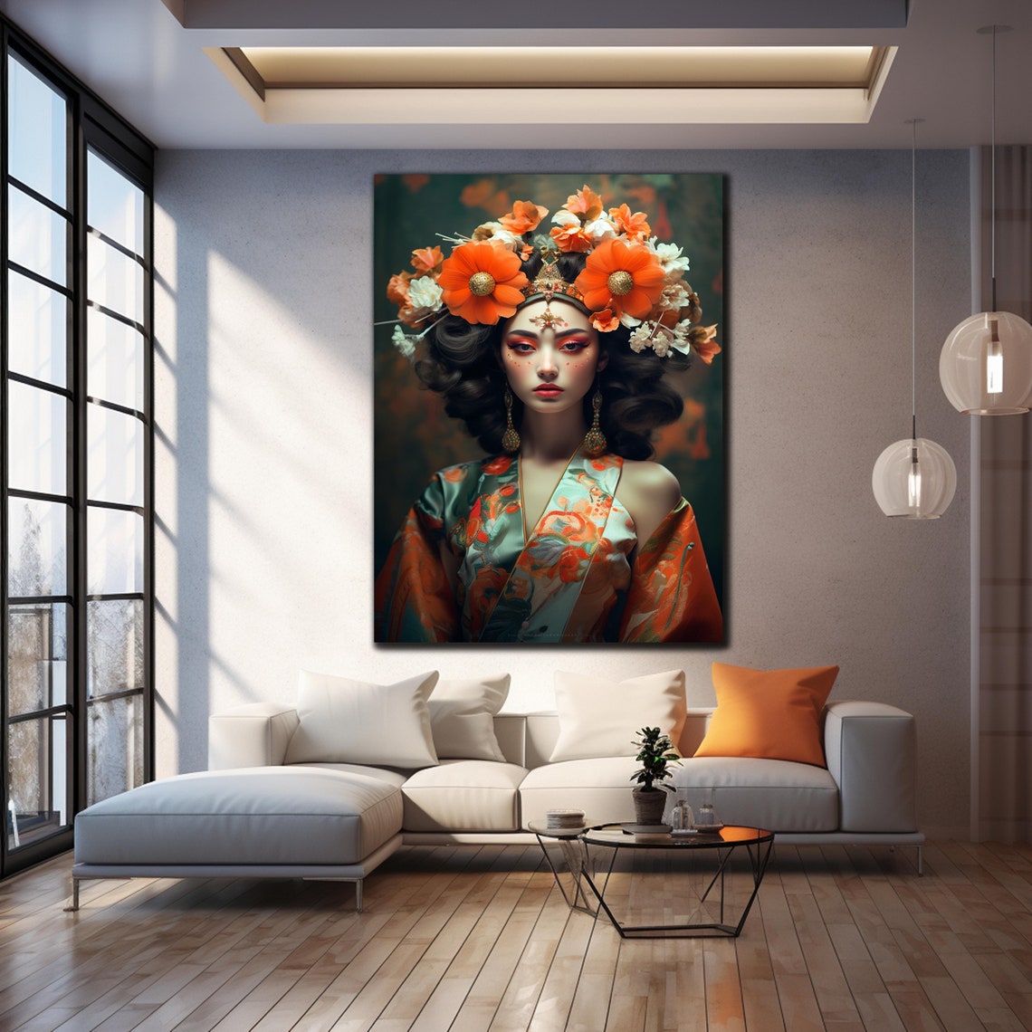 Orange Blossom Geisha Portrait Kimono Warm Floral Art Wall Poster - Image 4