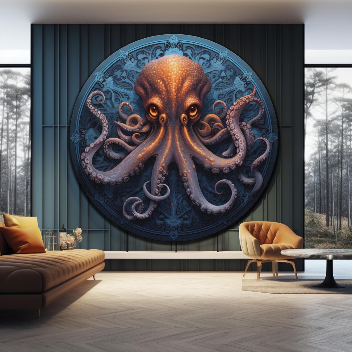 Octopus Swirling Tentacles Amber Eyes Deep Blue Sea Round Wall Art - Image 4