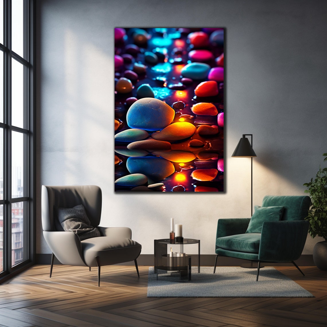 Colorful Glowing Zen Stones Macro Water Reflection Art Wall Poster - Image 2