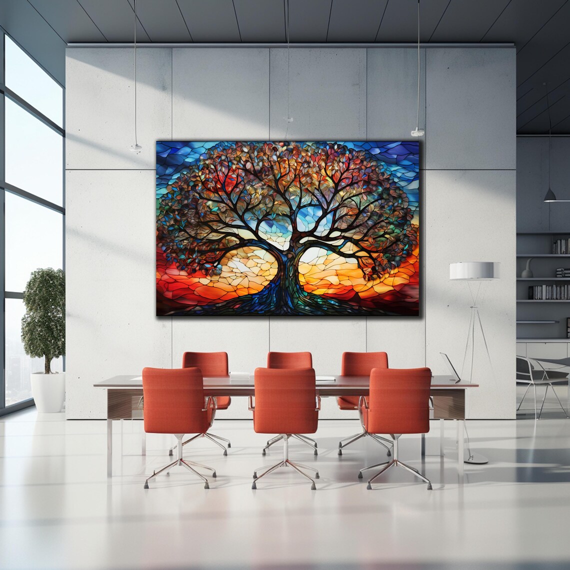 Tree of Life Sunset Stained Glass Mosaic Orange Sky Art Wall Art - Image 2