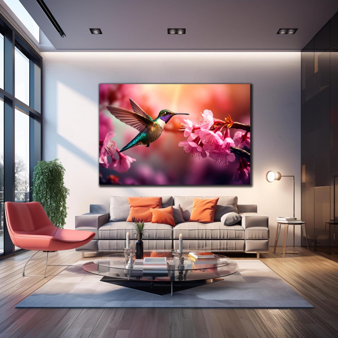 Hummingbird Feeding Pink Cherry Blossoms Spring Garden Bird Poster - Image 3