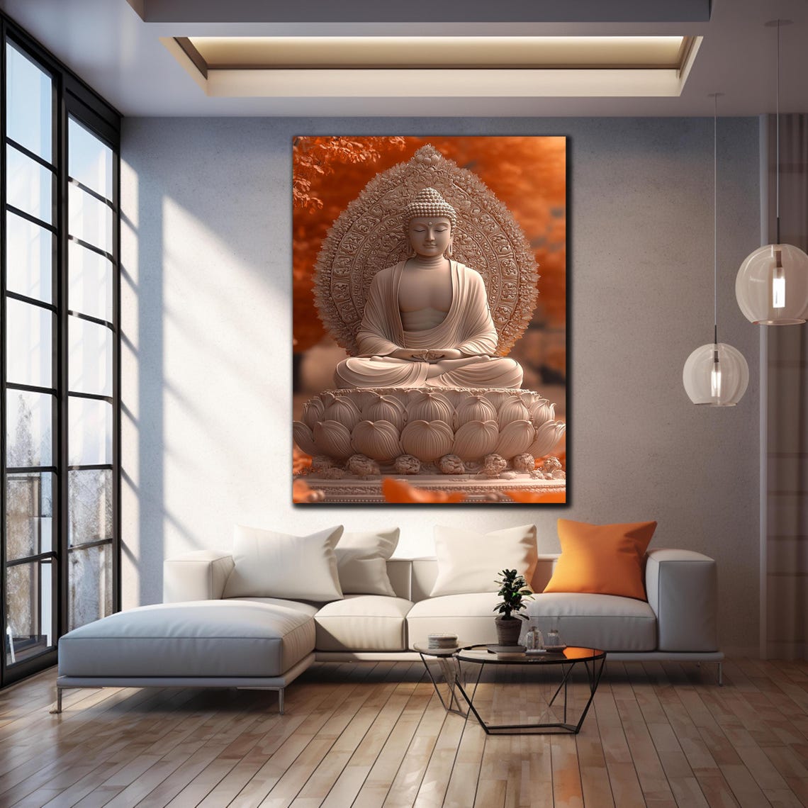 White Buddha Statue Lotus Autumn Orange Calm Zen Wall Art Poster - Image 4