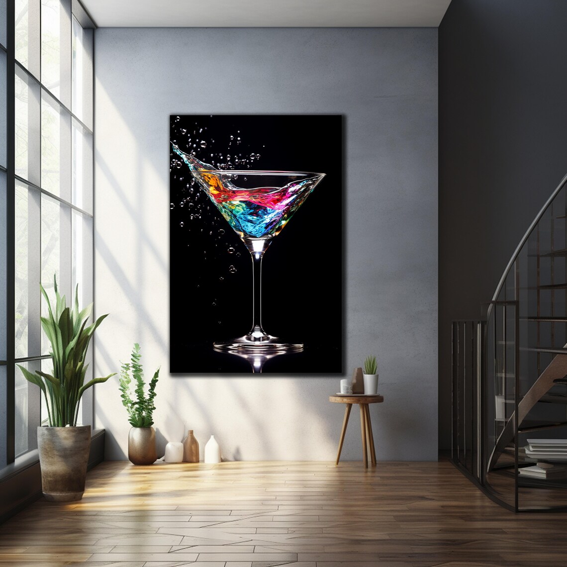 Rainbow Cocktail Splash Martini Glass Wall Art Black Background Colorful Bar Print - Image 2