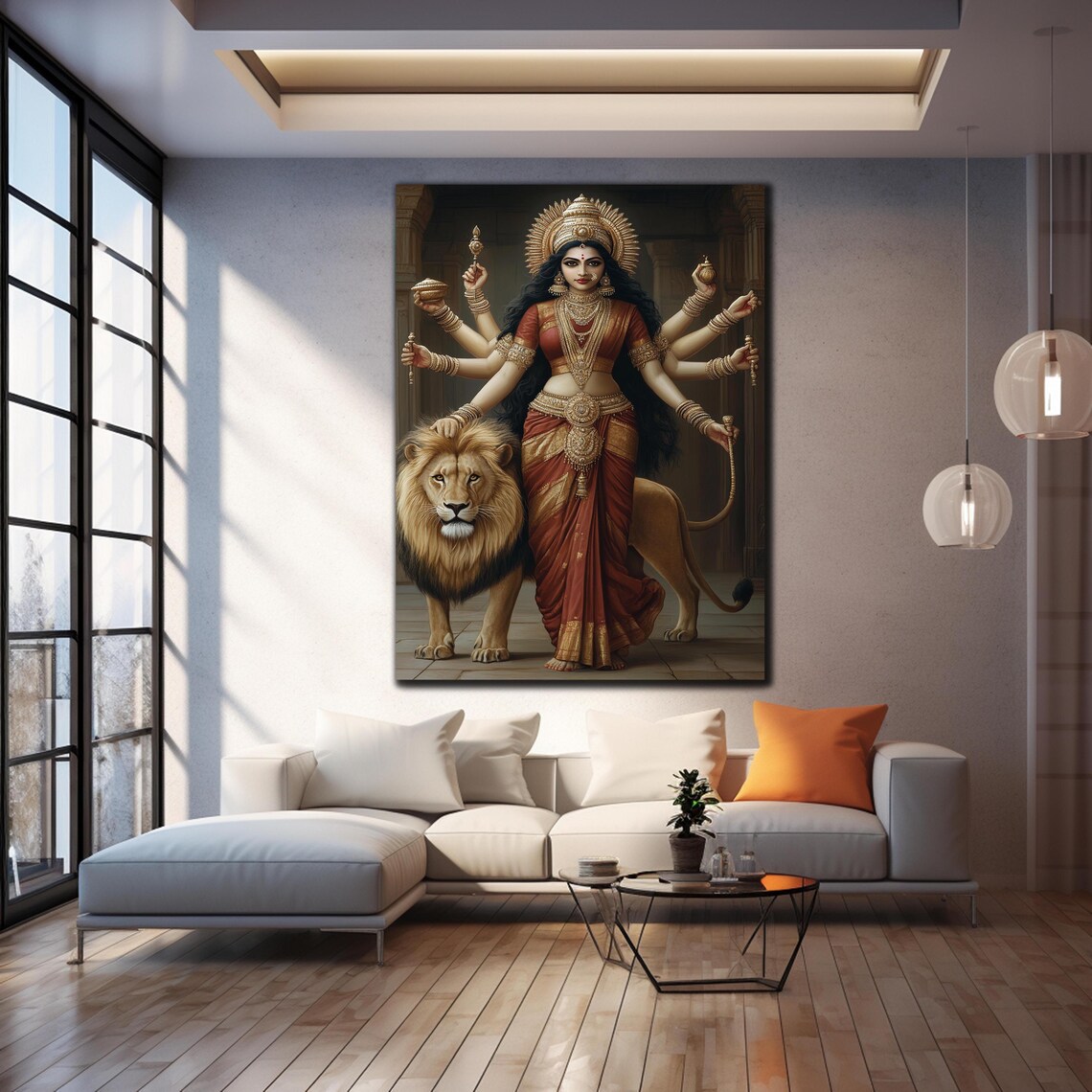Durga Goddess With Lion Red Sari Hindu Deity Spiritual Wall Art Poster - Image 4