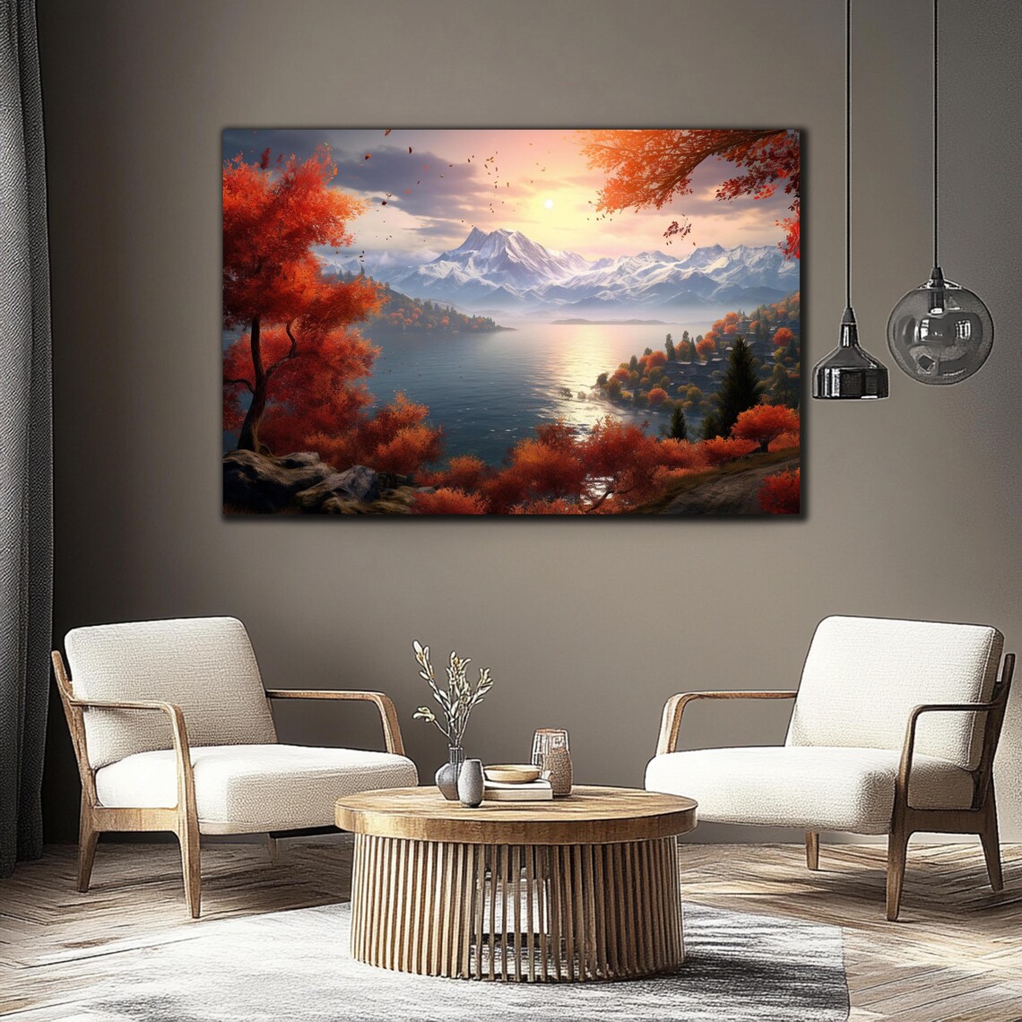 Snowy Mountain Lake Sunrise Red Autumn Trees Golden Morning Poster - Image 3