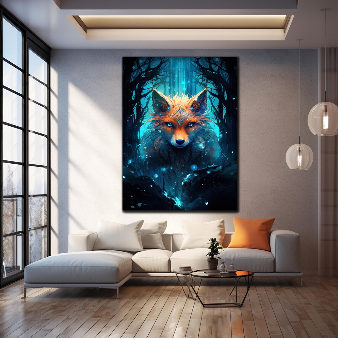Mystical Fox Spirit Teal Forest Fantasy Animal Night Wall Art Poster - Image 4