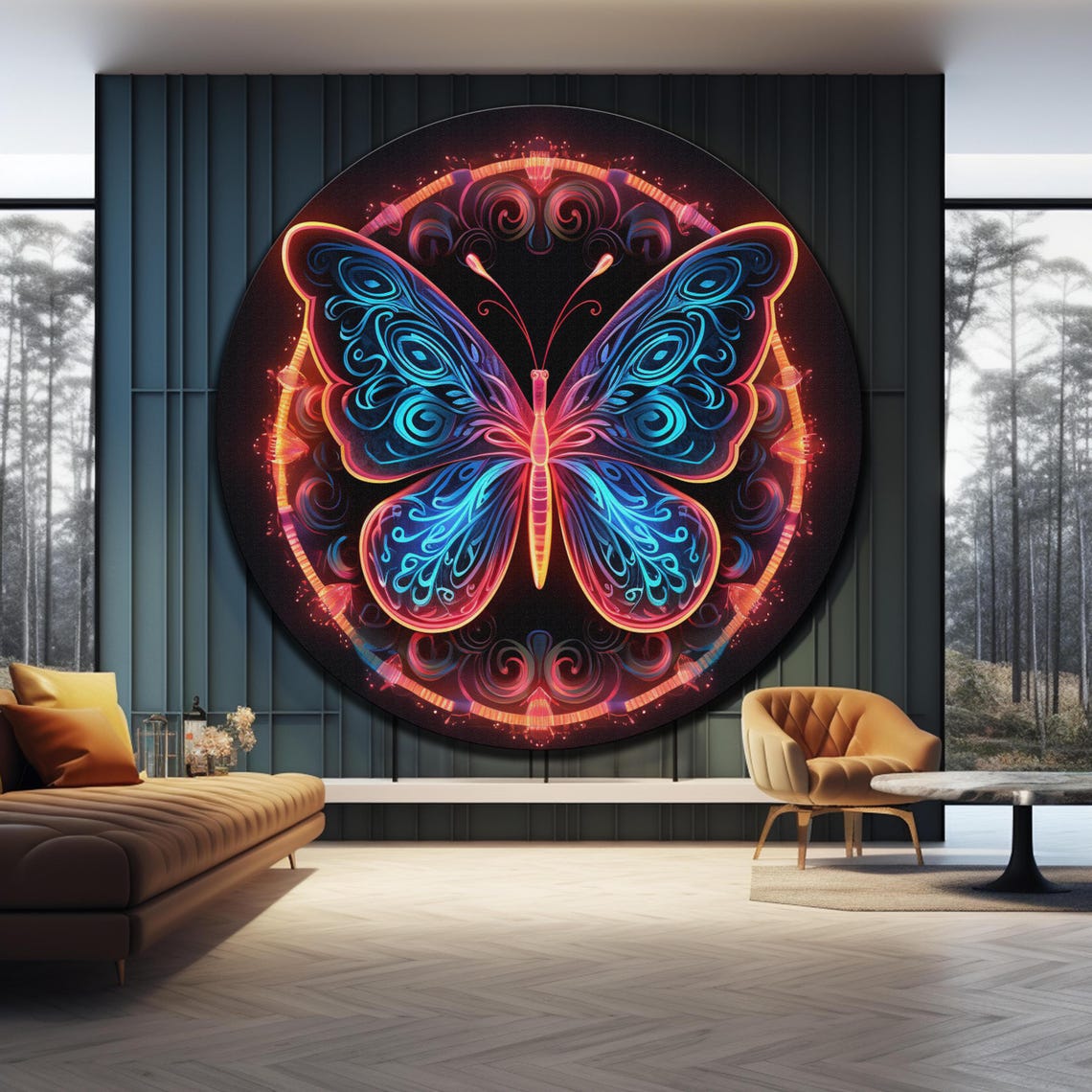 Neon Butterfly Round Glowing Blue Pink Wings Dark Wall Art Poster - Image 4