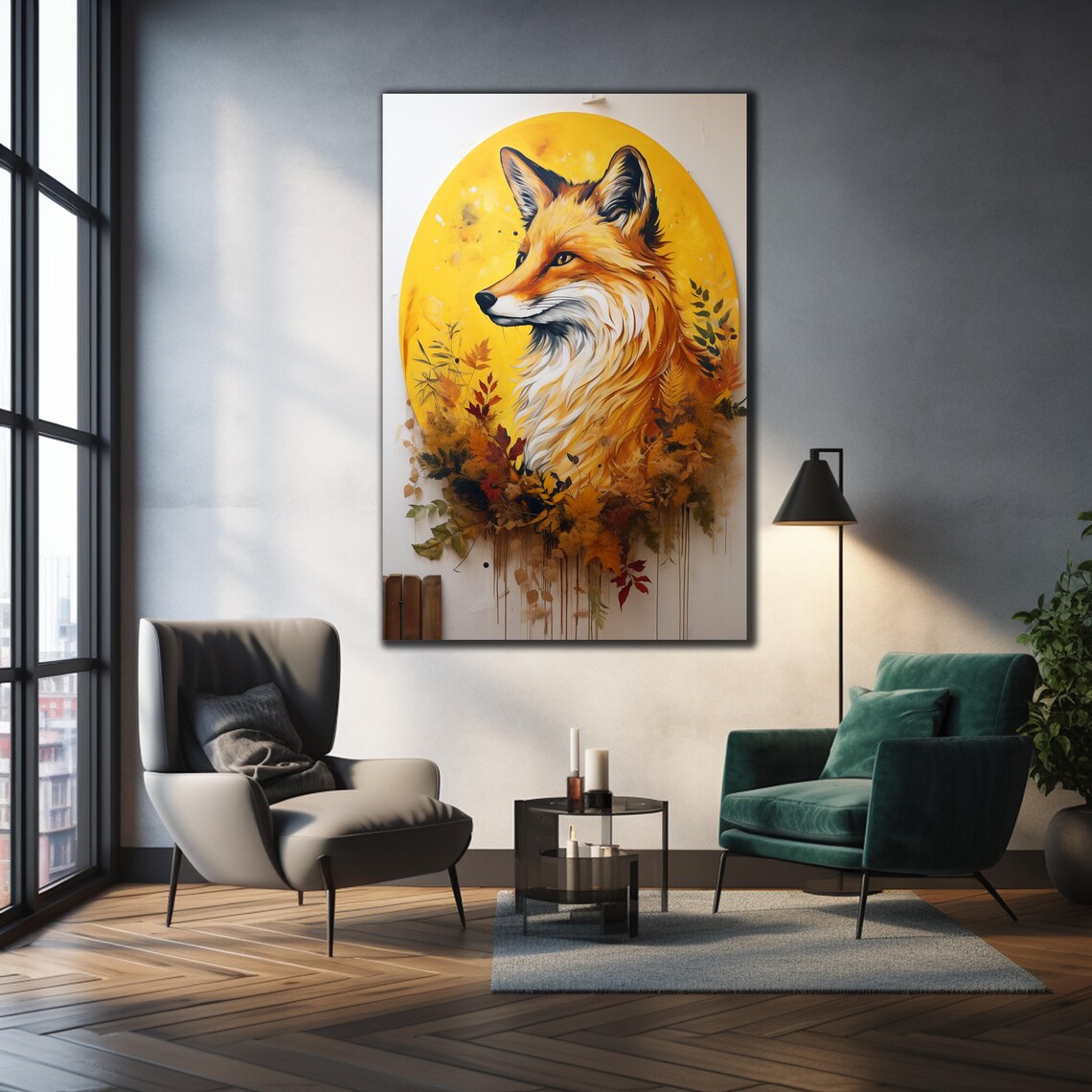 Red Fox Watercolor Golden Sun Autumn Leaves Woodland Art Wall Poster - Image 3