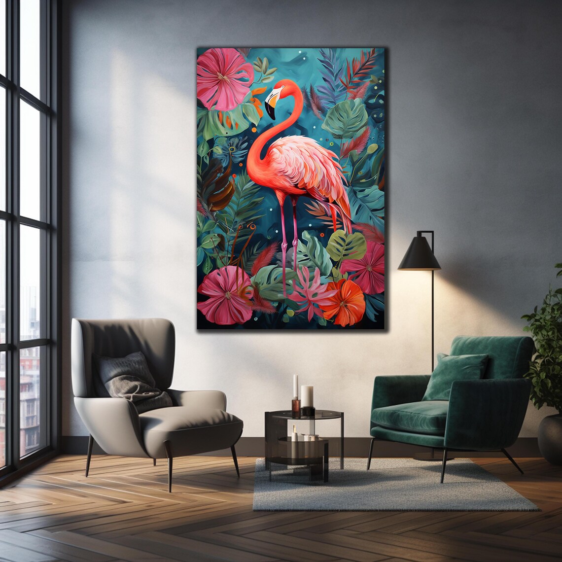 Pink Flamingo Tropical Flowers Lush Jungle Leaves Colorful Poster - Image 2