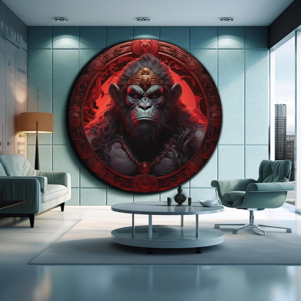 Hanuman Fierce Red Eyes Golden Crown Hindu God Round Wall Art - Image 2