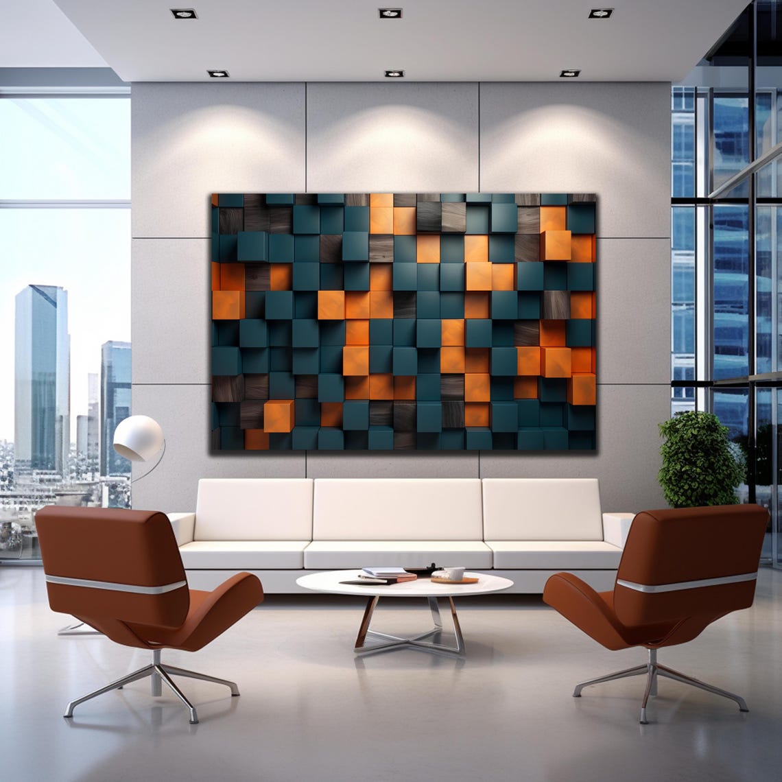 Dark Teal Bright Orange 3D Wooden Cube Block Abstract Wall Art - Image 3