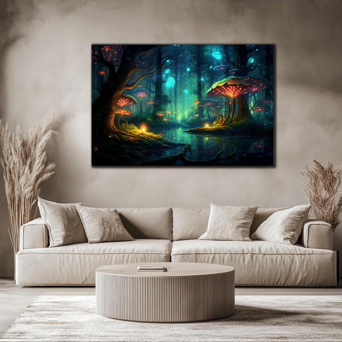 Tempered Glass Wall Art Fireflies Illuminate Forest Fantasy Neon Wall Decor Optical Illusion Artwork Psychedelic Glowing Forest Glass Art - Image 3