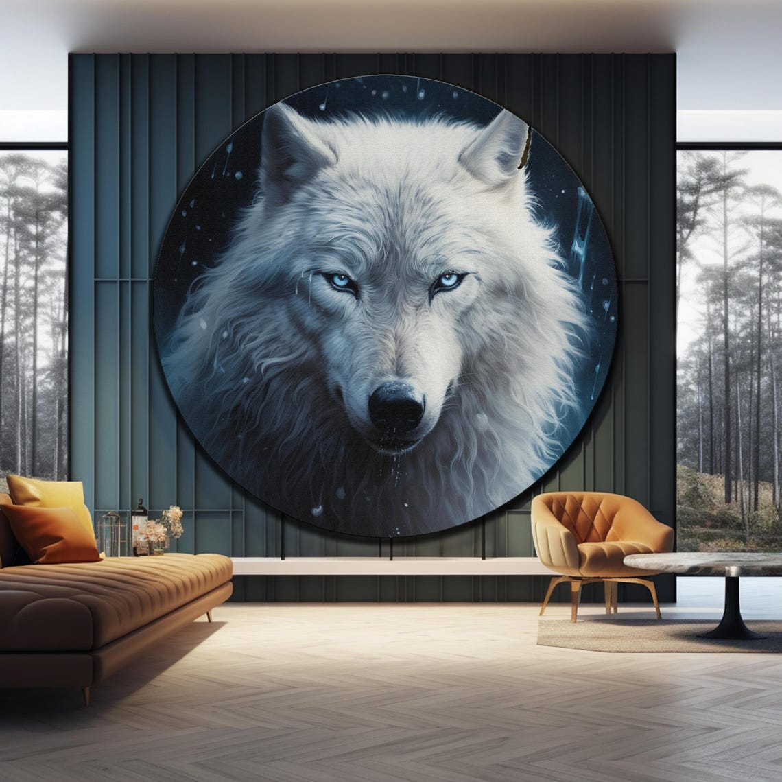 White Wolf Moonlight Blue Eyes Night Round Wildlife Wall Art Poster - Image 4
