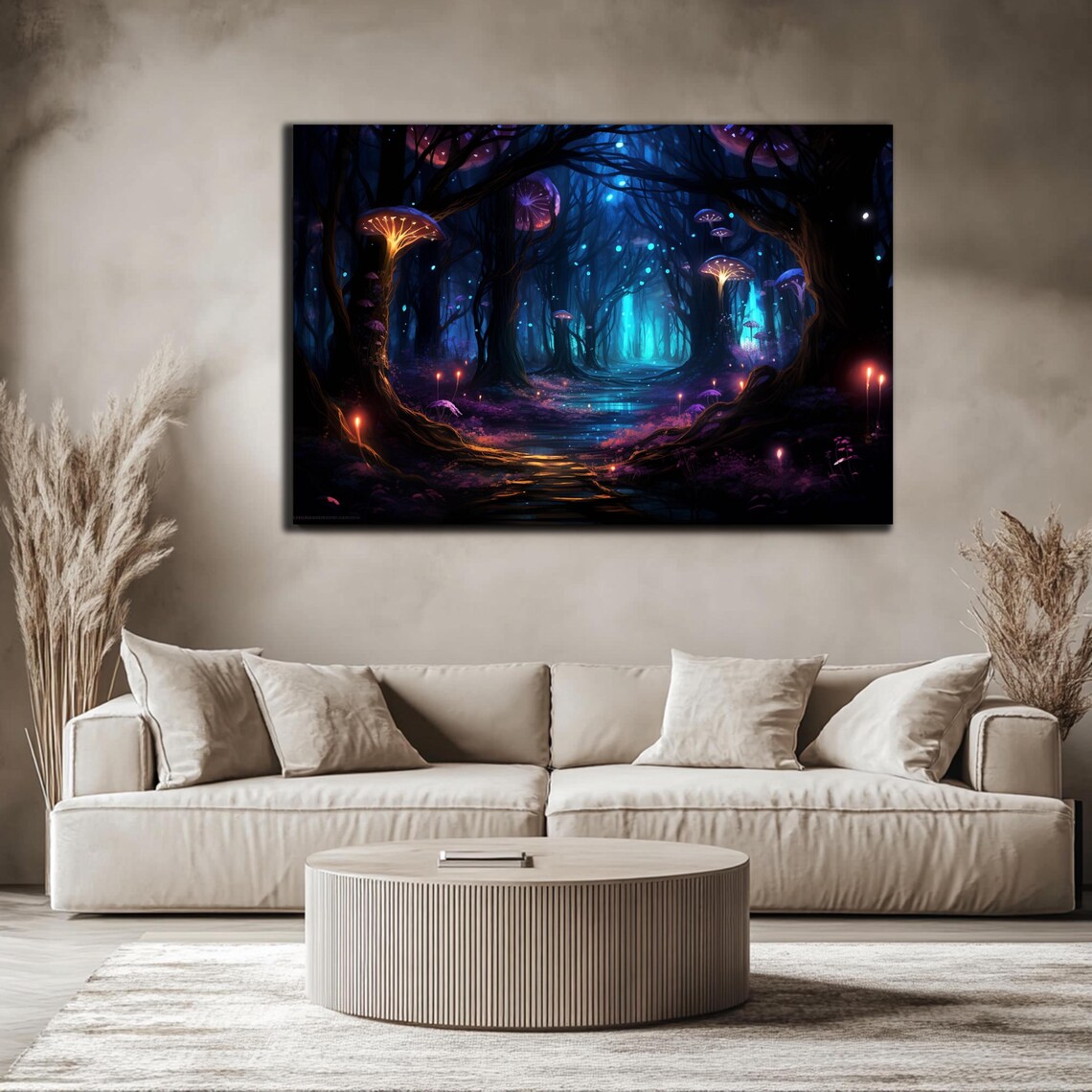 Fireflies Illuminate Forest Tempered Glass Wall Art Fantasy Neon Wall Decor Optical Illusion Artwork Psychedelic Glowing Forest Glass Art - Image 3