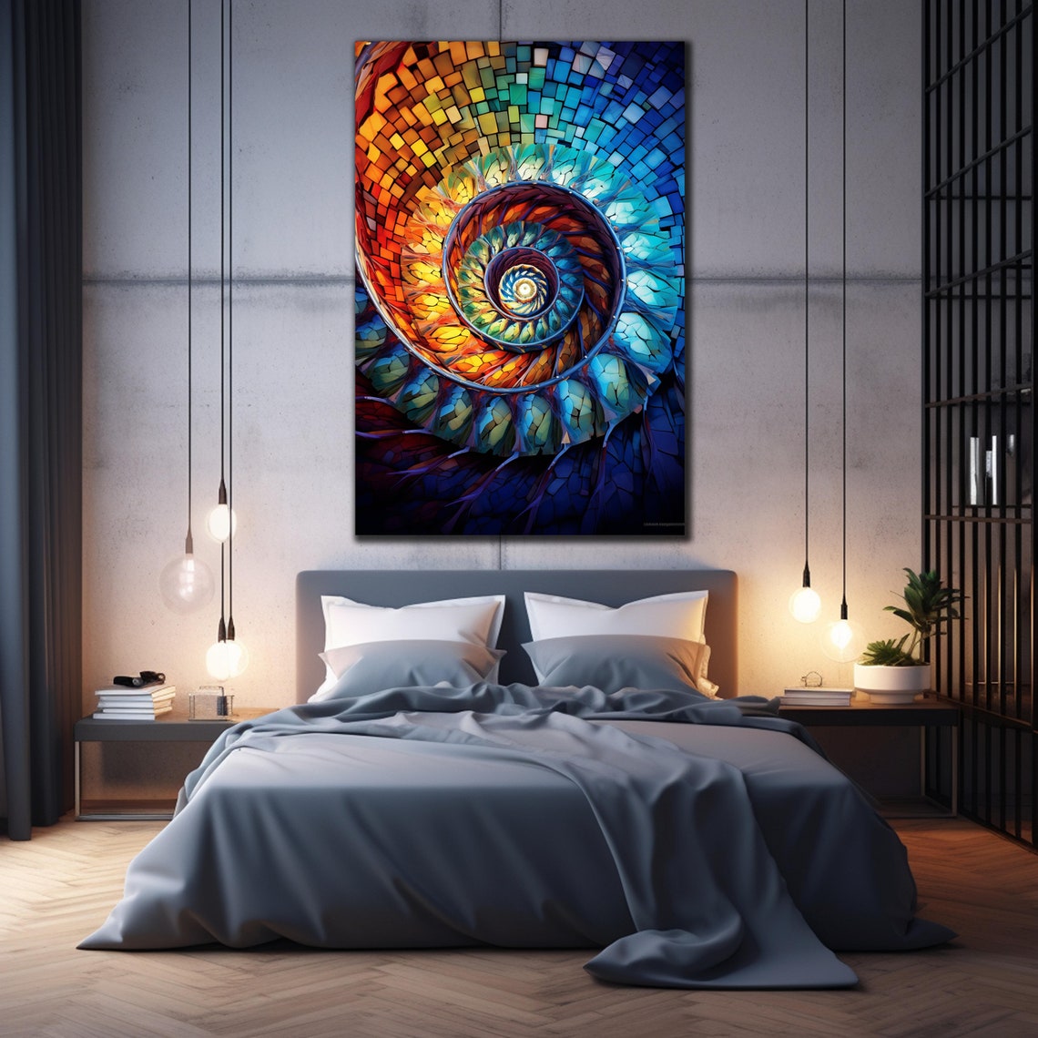 Spiral Staircase Mosaic Tile Art Blue Orange Geometric Wall Poster - Image 2