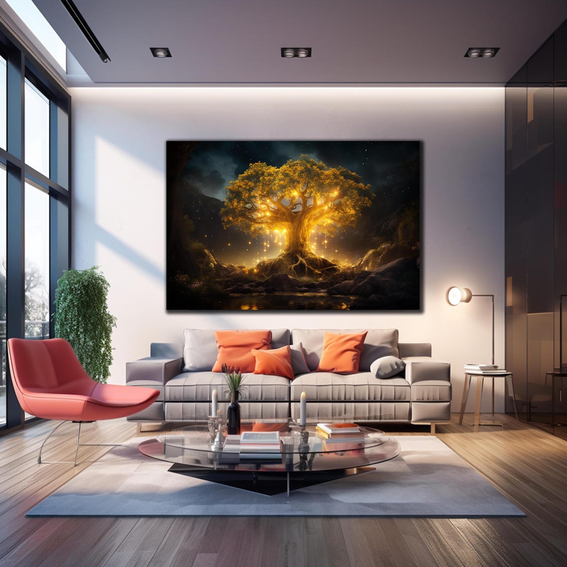 Golden Tree Night Glowing Canopy Enchanted Forest Magic Wall Art - Image 3