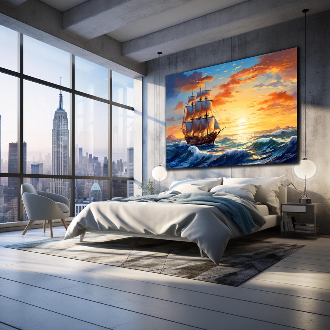 Tall Sailing Ship Sunset Orange Sky Ocean Waves Nautical Poster - Image 2
