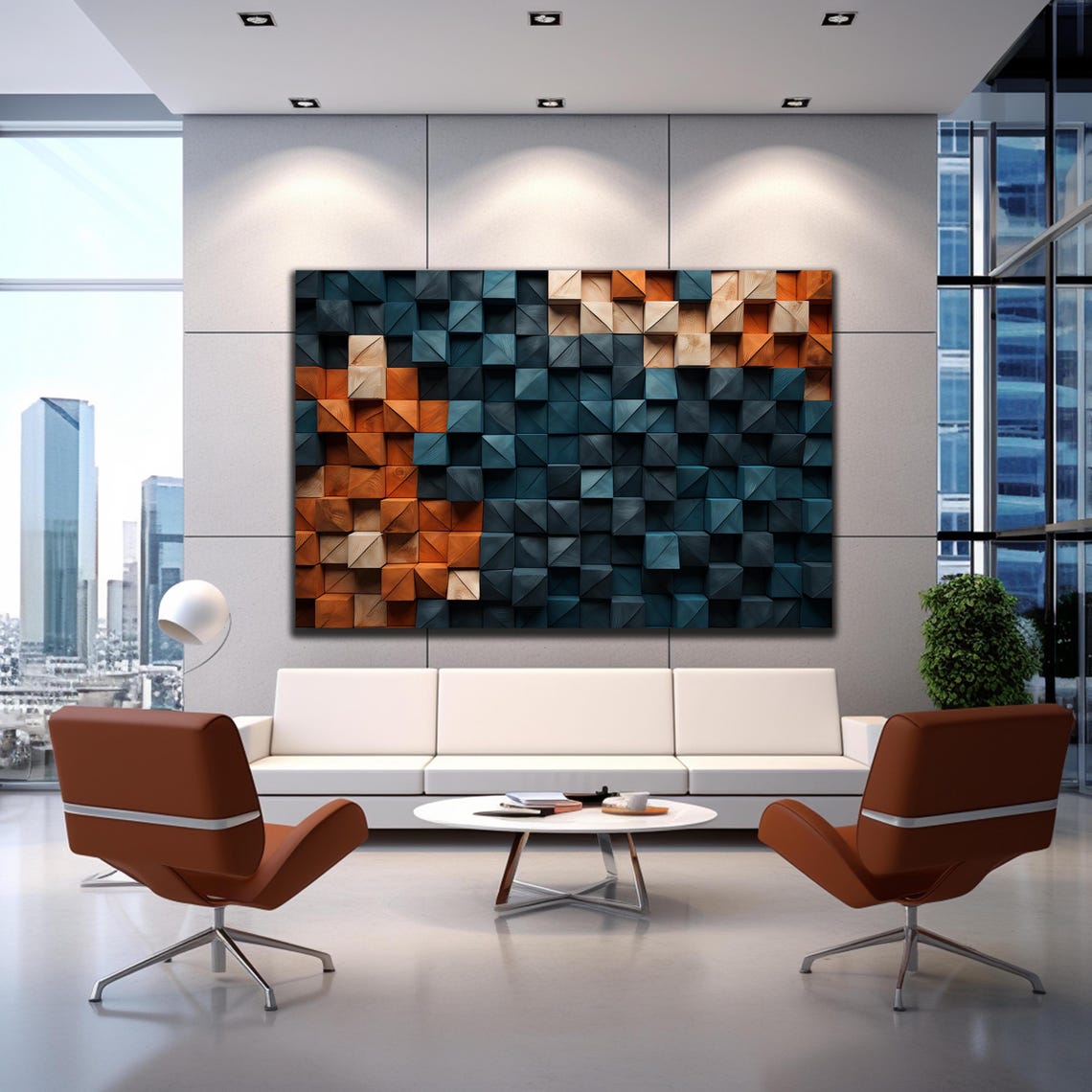 Navy Orange Wood Pyramid Cube Blocks 3D Geometric Modern Wall Art - Image 2