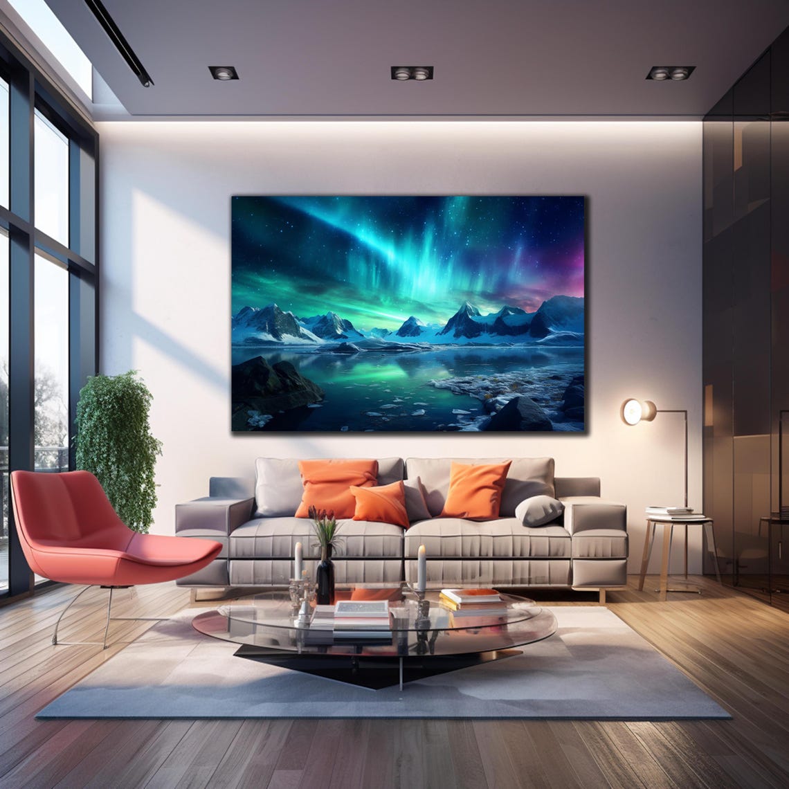 Green Aurora Borealis Snowy Peaks Night Sky Mountain Lake Poster - Image 3